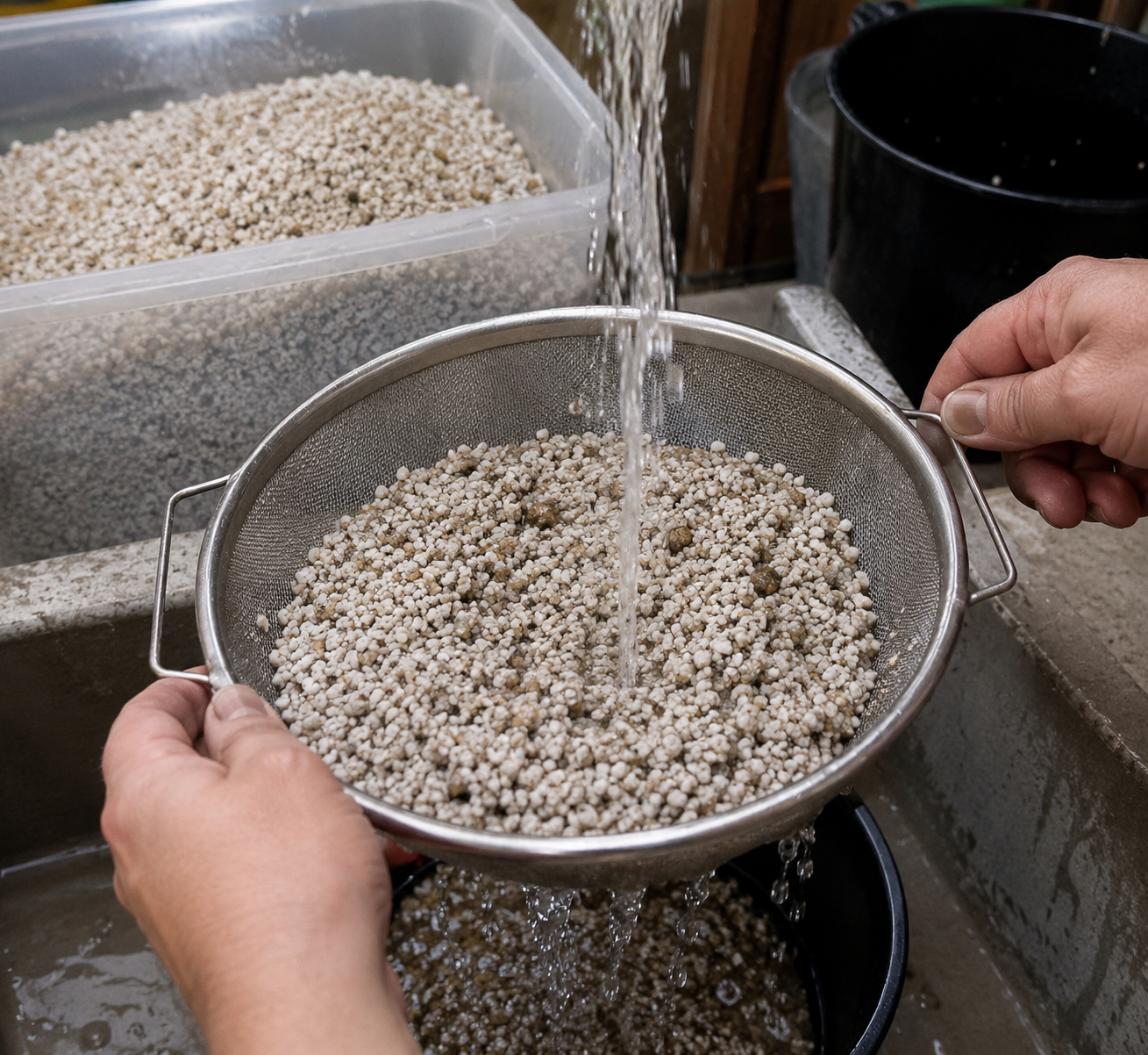 Rinsing perlite with strainer 