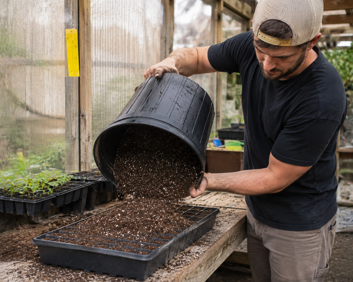 Man reusing old potting seed starting mix 