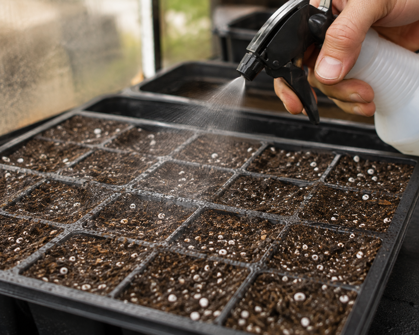 Misting seed starting mix with spray bottle